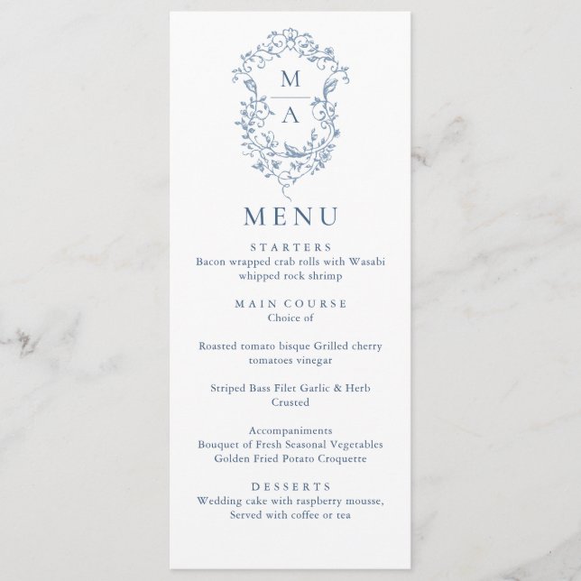 Elegant Blue Vintage Garden Flowers Wedding Dinner Menu (Front)
