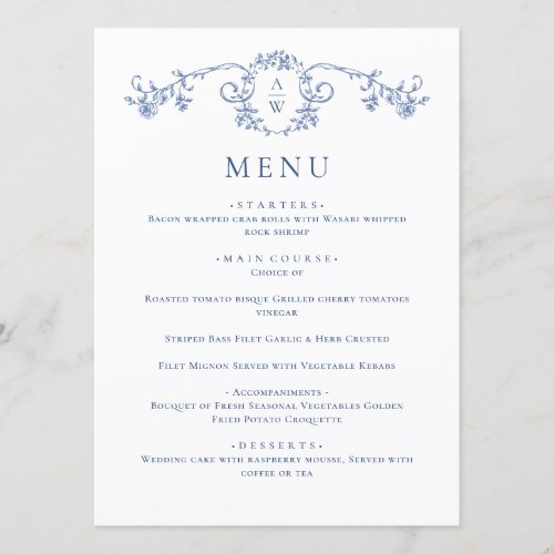 Elegant Blue Vintage Garden Flowers Wedding Dinner Menu