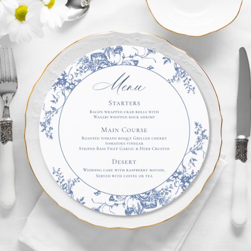 Elegant Blue Vintage Garden Flowers Wedding Dinner Menu