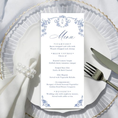 Elegant Blue Vintage Garden Flowers Wedding Dinner Menu