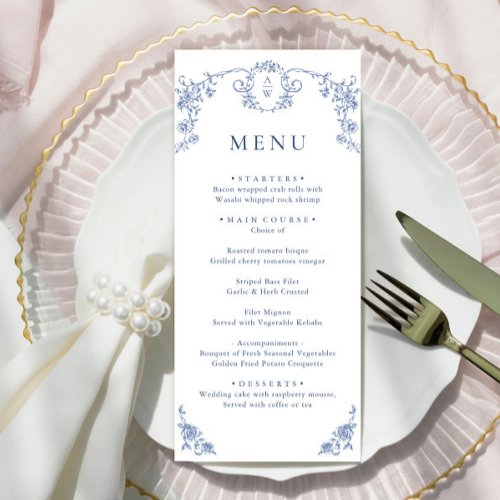 Elegant Blue Vintage Garden Flowers Wedding Dinner Menu