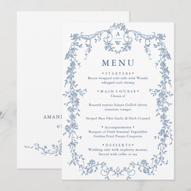 Elegant Blue Vintage Garden Flowers Wedding Dinner Menu (Front/Back)