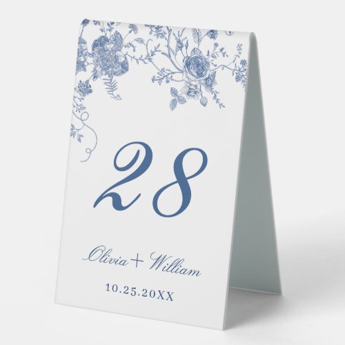 Elegant Blue Vintage Garden Flowers Wedding Table Tent Sign