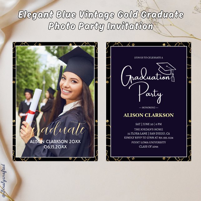Elegant Blue Vintage Gold Graduate Photo Party Invitation (Creator Uploaded)