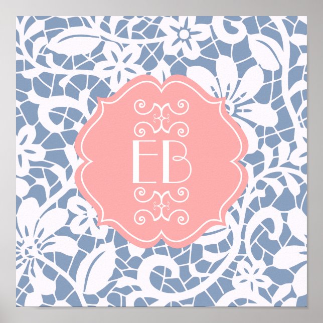 Elegant Blue Vintage Lace Personalized Monogram Poster (Front)
