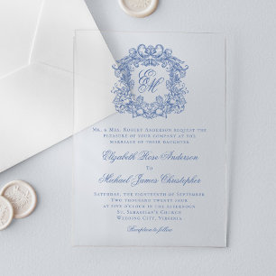 Elegant Blue Vintage Monogram Crest Wedding Acrylic Invitations