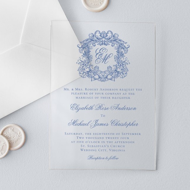 Elegant Blue Vintage Monogram Crest Wedding Acrylic Invitations (Creator Uploaded)