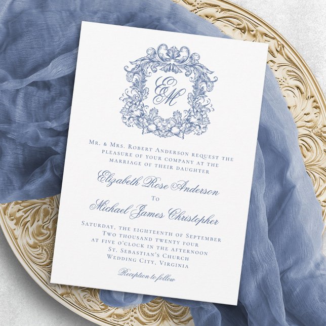Elegant Blue Vintage Monogram Crest Wedding Invitation (Creator Uploaded)