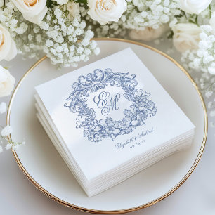 Elegant Blue Vintage Monogram Crest Wedding Napkins