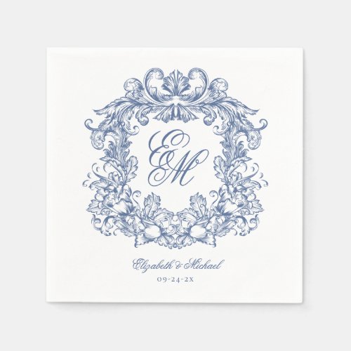 Elegant Blue Vintage Monogram Crest Wedding Napkins