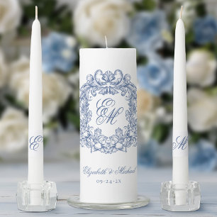 Elegant Blue Vintage Monogram Crest Wedding Unity Candle Set