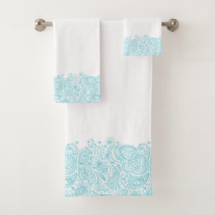 Elegant Blue Vintage Paisley Stripe Bath Towel Set