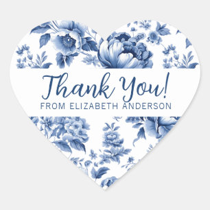 Elegant Blue Vintage Rose Floral Thank You Heart Sticker