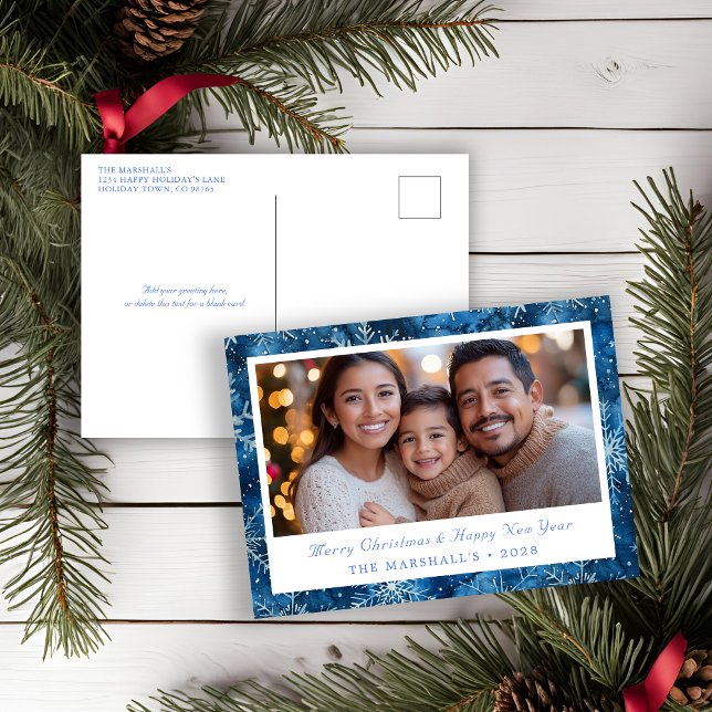 Elegant Blue Vintage Snowflakes Holiday Photo (Elegant Blue and White Snowflake Christmas Post Card)