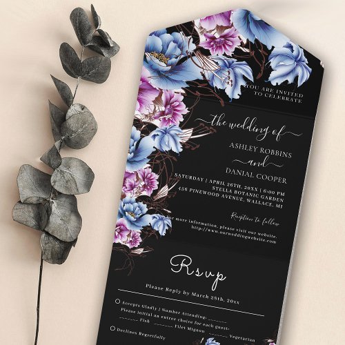 Elegant Blue Violet Flowery Black Wedding All In One Invitation