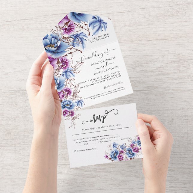 Elegant Blue Violet Flowery Wedding  All In One In All In One Invitation (Tearaway)