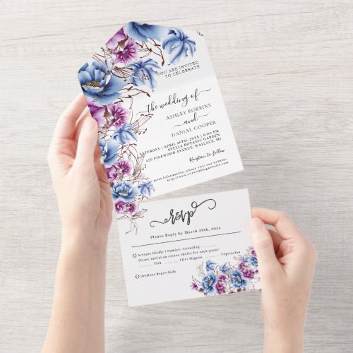 Elegant Blue Violet Flowery Wedding  All In One In All In One Invitation