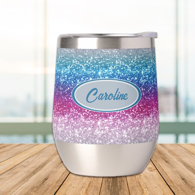 Elegant Blue Violet Pink Silver Glitter Monogram Thermal Wine Tumbler (Creator Uploaded)