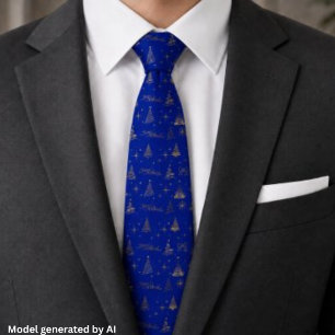 Elegant Blue W/ Gold Christmas Tree Doodles Neck Tie
