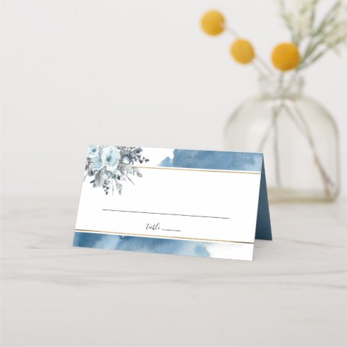 Elegant Blue Watercolor and Blue Floral Place Card