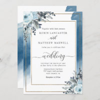 Elegant Blue Watercolor and Blue Floral Wedding Invitation