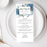 Elegant Blue Watercolor and Floral, Wedding Menu<br><div class="desc">Delight your guests with this elegant Menu card. Set apart design featuring on the top a unique floating blue watercolor stain and floral. Flowers and foliage in dusty blue, navy blue, white, gray and sage tones. Add your own menu information on the front and name(s), or even guest's name on...</div>