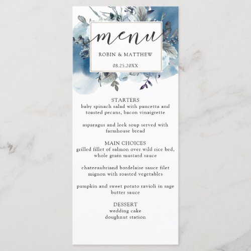 Elegant Blue Watercolor and Floral Wedding Menu