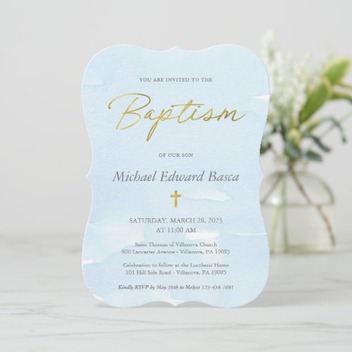 Elegant Blue Watercolor and Gold Baptism Invitatio Invitation