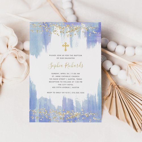 Elegant Blue Watercolor and Gold  Baptism Invitation