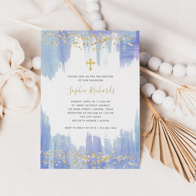 Elegant Blue Watercolor and Gold | Baptism Invitation (Creator Uploaded)