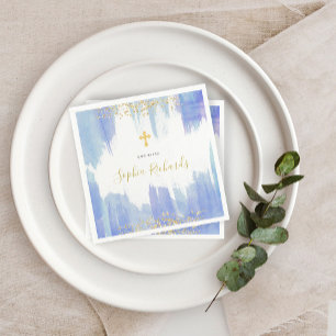 Elegant Blue Watercolor and Gold Baptism Napkins