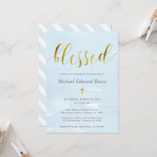 Elegant Blue Watercolor and Gold Blessed Baptism Invitation