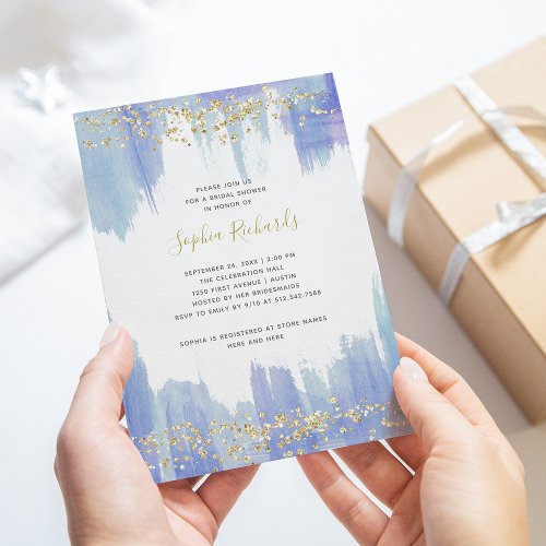 Elegant Blue Watercolor and Gold  Bridal Shower Invitation