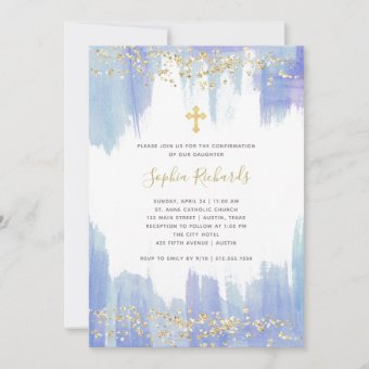 Elegant Blue Watercolor and Gold | Confirmation Invitation | Zazzle