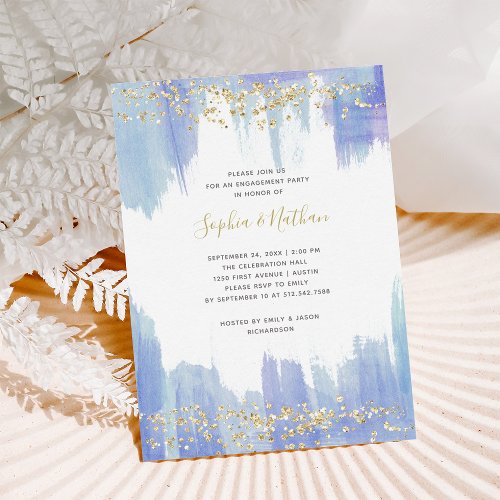 Elegant Blue Watercolor and Gold Engagement Party Invitation