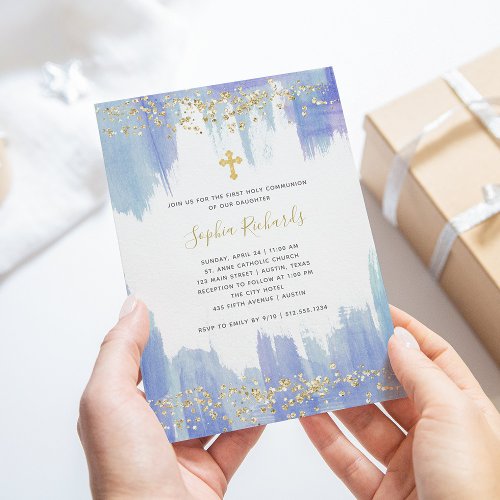 Elegant Blue Watercolor and Gold  First Communion Invitation