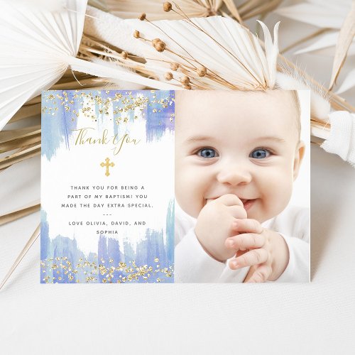 Elegant Blue Watercolor and Gold  Photo Baptism Thank You Card
