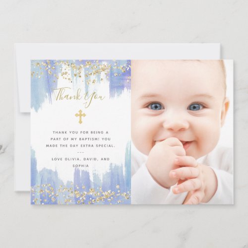 Elegant Blue Watercolor and Gold | Photo Baptism Thank You Card