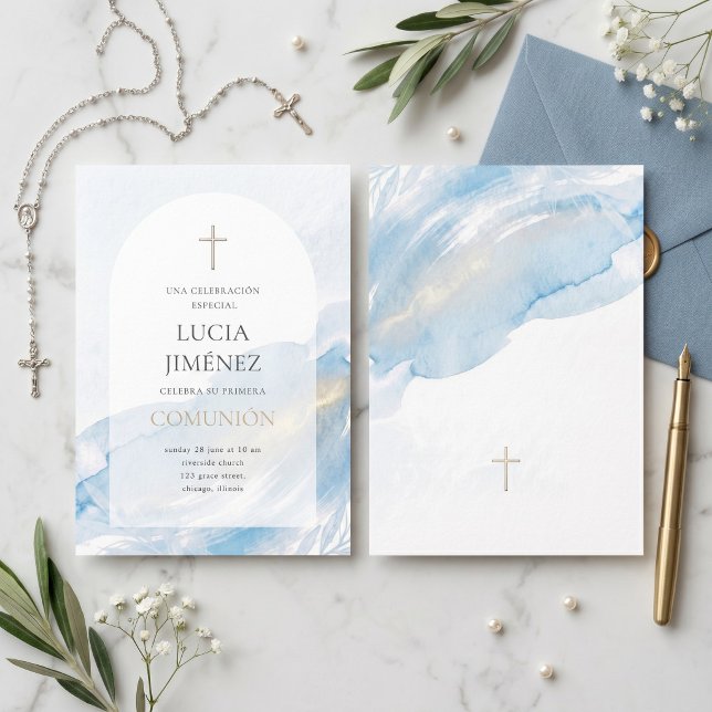 Elegant Blue Watercolor Arch First Communion Invitation (Elegant Blue Watercolor First Communion Invitation)