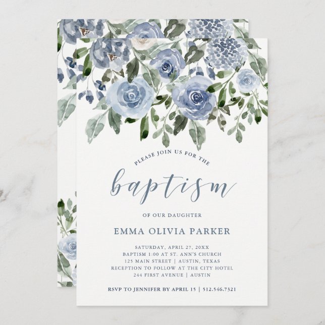 Elegant Blue Watercolor | Baptism Invitation (Front/Back)