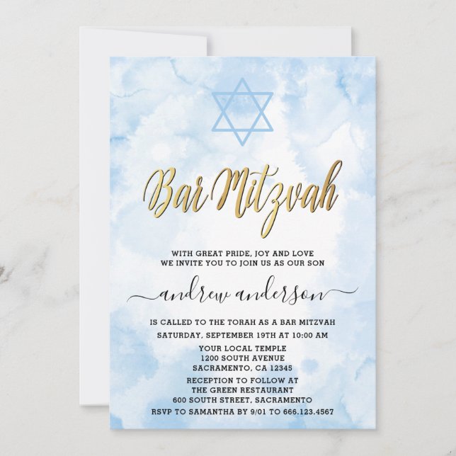 Elegant Blue Watercolor Bar Mitzvah Invitation (Front)