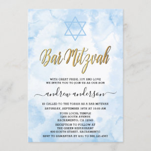 Elegant Blue Watercolor Bar Mitzvah Invitation