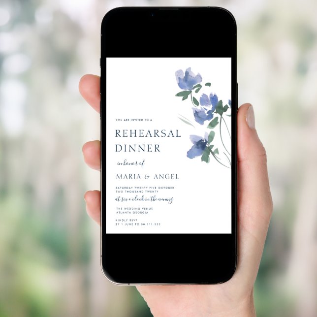 elegant blue watercolor blooms rehearsal dinner invitation (Front Digital)