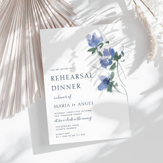 elegant blue watercolor blooms rehearsal dinner invitation