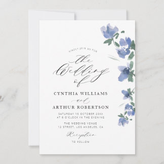 elegant blue watercolor blooms wedding invitation