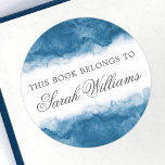 Elegant blue watercolor bookplate stickers<br><div class="desc">Elegant,  trendy book labels or bookplate stickers featuring blue watercolor borders top and bottom. Customizable dark gray text: "This book belongs to [Name Surname]"</div>