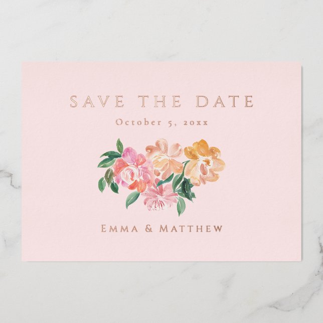 Elegant Blue Watercolor Botanical Save the Date Foil Invitation (Front)