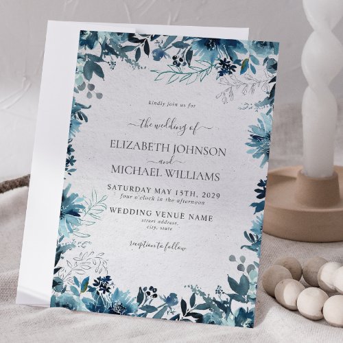 Elegant Blue Watercolor Botanical Winter Wedding Invitation