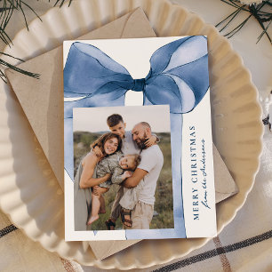 Elegant Blue Watercolor Bow 3 Photo Holiday Card