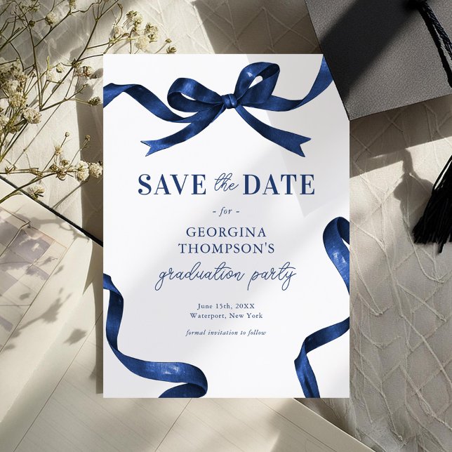 Elegant Blue Watercolor Bow Graduation Save The Date (Creator Uploaded)